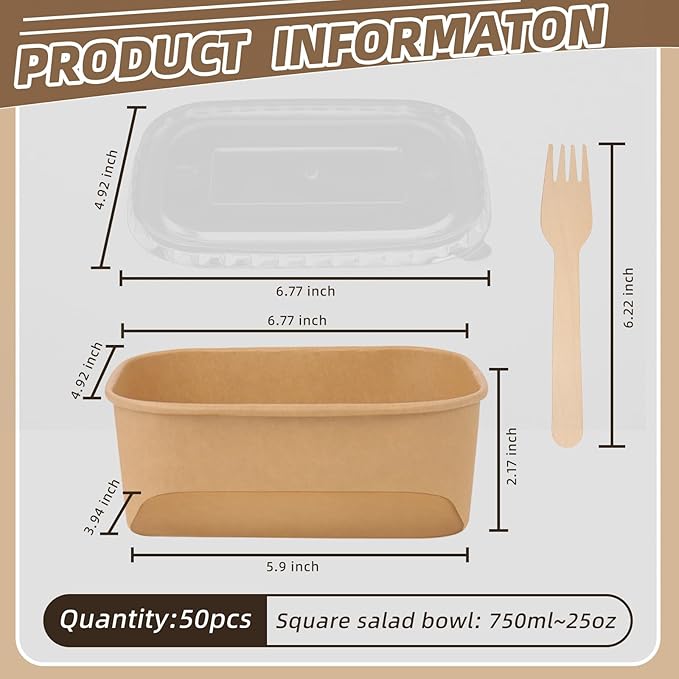50 Pack 25 oz Paper Food Containers with Lids, Meal Prep Containers Disposable Large Paper Bowls, Microwavable and Freezer Storage Use Cardboard Food Containers
