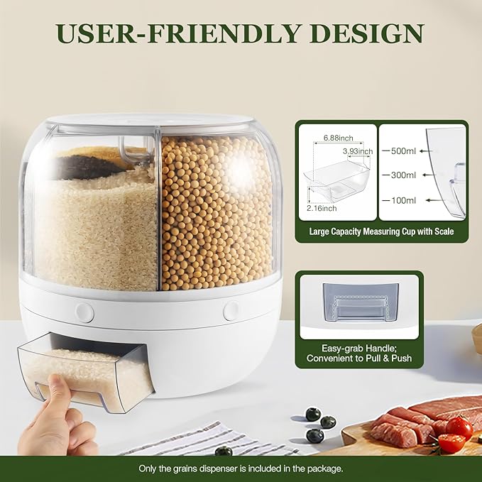 Rice Dispenser, 6 Grid 360° Rotating Rice Container Cereal Holder with Lid & Measuring Cup, Grain Storage Organizer for Kitchen Countertop Dry Food, White, 6kg/13lbs