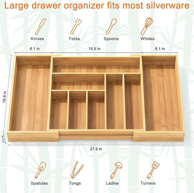 Youpehom Bamboo Utensil Organizer for Kitchen Drawers, Utensil Tray and Cutlery Silverware Holder,Wood Drawer Dividers with 9 Slots