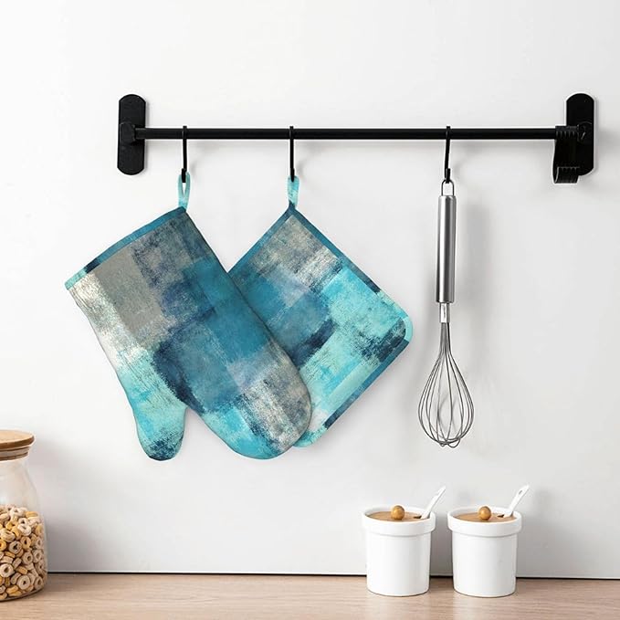 Modern Art Abstract Gery Turquoise Oven Mitts and Pot Holders Sets Silicone Turquoise Kitchen Mitts Potholders Heat Resistant 4Pcs Teal Oven Gloves Hot Pads for Kitchen Baking Cooking BBQ