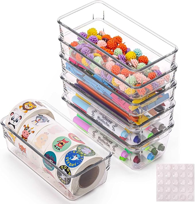 Ohlove 6Pcs Clear Plastic Drawer Organizers Tray 6" x 3" Storage Bins with 25Pcs Non-slip Pads for Makeup, Jewelries, Kitchen Utensils, Bathroom and Office