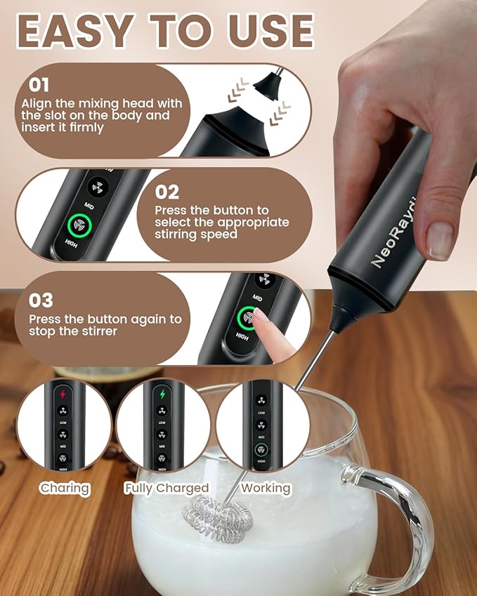 Electric Handheld Milk Frother Wand Rechargeable, 3-Speed Preventing Splashing Drink Mixer with Stand, 10-Second Frothing for Coffee, Matcha, Latte, Cappuccino, and Protein Shakes, Black