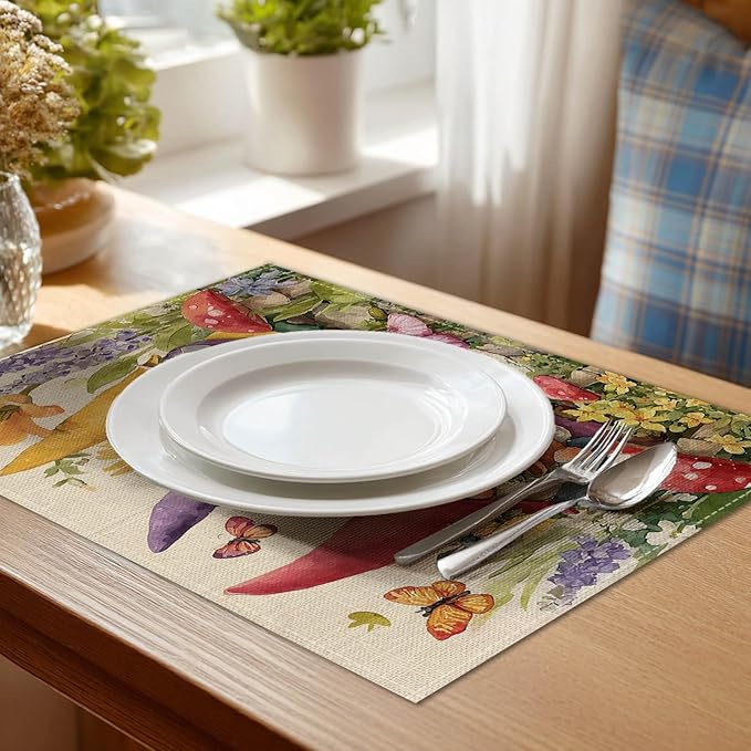 HOMETITUTE Gnome Artwork Linen Placemats Set of 4 12x18 inch Spring Table Mats for Dining Table Farmhouse Decorations Kitchen Decor Desk Mat for Outdoor Home Party Kitchen Seasonal Dining Decor