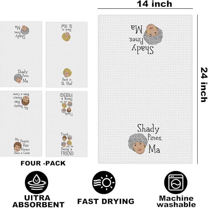 Jztco 4 Pcs Golden Girls Kitchen Towels 24x14 Inch, Golden Girls TV Merchandise Hand Towel, Funny Waffle Weave Hand Towels for Kitchen Home Decor, Girl Gifts for Women Mom