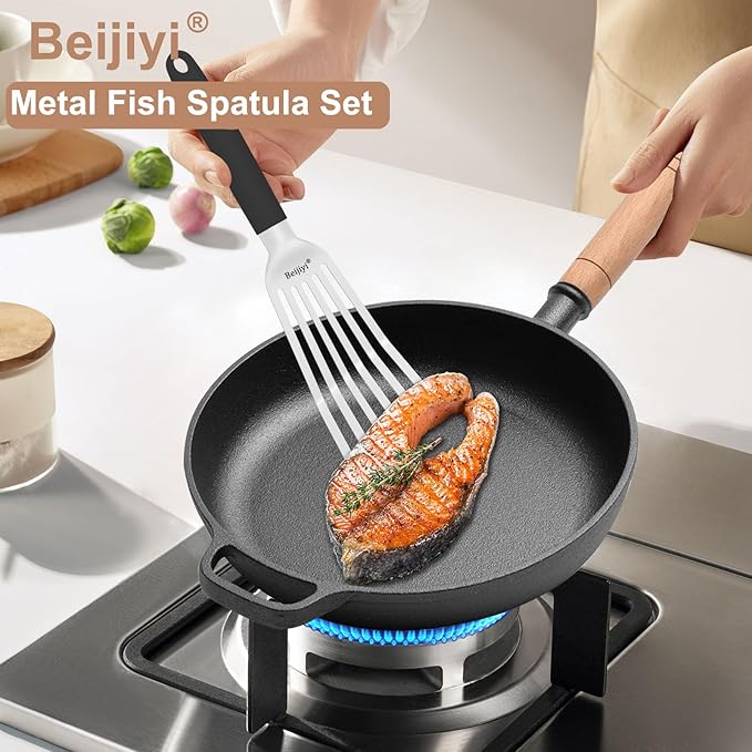 Beijiyi Fish Spatula, 13.5" Stainless Steel Slotted Turner with Silicone Handle, Metal Spatula for Cast Iron Skillet, Kitchen & Grilling Cooking Fish, Egg and Burger, Dishwasher Safe