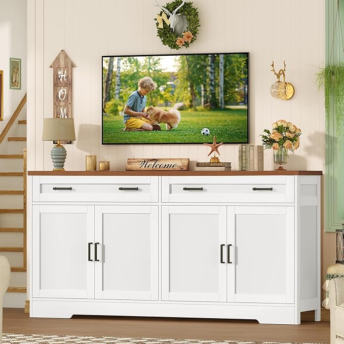 usikey 63" Buffet Cabinet with Storage, Large Sideboard Buffet Cabinet with 2 Adjustable Shelves and 4 Doors, Modern Farmhouse Coffee Bar for Kitchen, Living Room, White