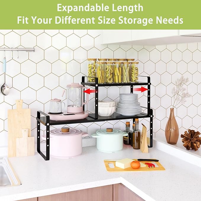 Across-Star Expandable Cabinet Shelf Organizer Rack, Stackable Kitchen Countertop Organizer Storage Shelves, Adjustable Height Pantry Counter Shelf Riser Spice Rack (Black, 2 Pack)