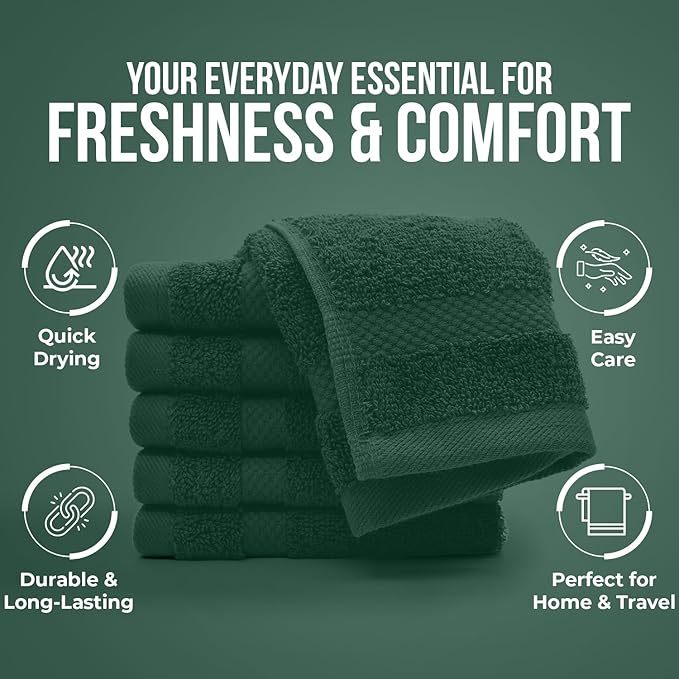 DAN RIVER 12-Pack Premium 100% Cotton Huntergreen Face Towels for Bathroom - Reusable Face Wash Cloths for Showering 12x12 Inches - 550 GSM Super Soft & Absorbent Luxury WashCloths for Body, Spa & Gym
