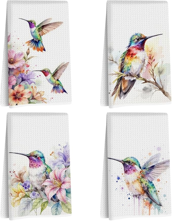 4 Pcs Artistic Hummingbird Kitchen Towels, Watercolor Floral Decorative Absorbent Microfiber Dish Cloth Tea Towel, Waffle Soft Hand Towels for Farmhouse Home Bathroom Decor, Housewarming Gifts