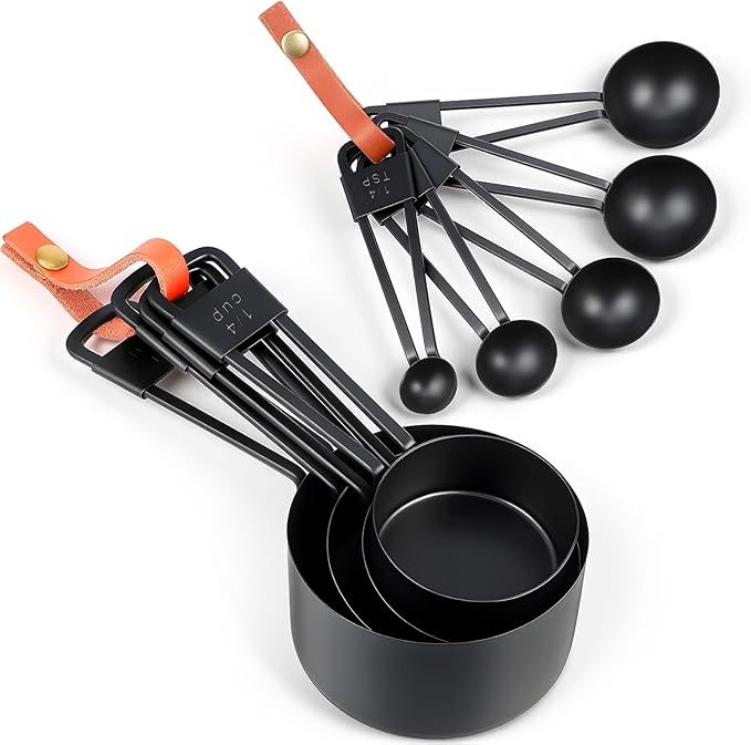 9 PCS Black Stainless Steel Measuring Cups and Spoons Set, Nesting Metal Measuring Cup with Ring Connector for Liquid and Dry Ingredients, Cooking and Baking (Black)