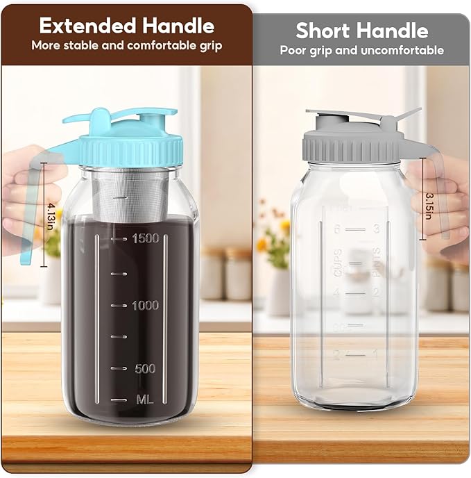 Cold Brew Coffee Maker Jar - 2 Pack 64 oz(2 Quart / 1.9 Liter) Glass Cold Brew Maker with Handle, Stainless Steel Filter&Leak-Proof Lid, Heavy Duty Cold Brew Pitcher for Iced Coffee, Sun Tea, and Milk