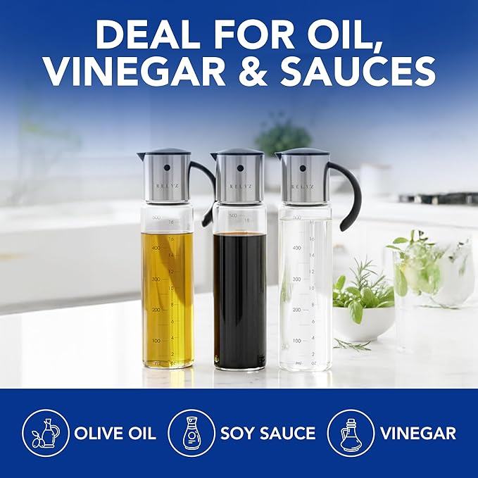 Olive Oil Dispenser Bottle, 12oz Glass Oil Dispenser for Kitchen with Drip-Free Stainless Steel Spout, Leak-Proof, with Measurement Markings for Cooking, Vinegar, & Soy Sauce - Dishwasher Safe