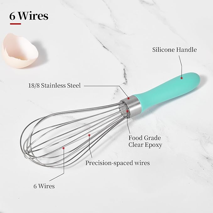 Small Whisk: Stainless Steel 9in Wire Balloon Wisk Kitchen Egg Whisker Heavy Duty Hand Mixer for Cooking Baking Whipping Blending Mixing Stirring Sauce, Flour, chocolate (Aqua Sky)