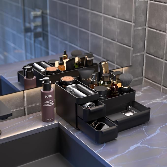 Cologne Organizer for Men with 3 Drawers - Mens Vanity Organizer, Perfume Stand & Cologne Shelf - Bathroom Countertop Storage for Shaving Kit, Skincare - Dresser Organizer, Gifts for Men