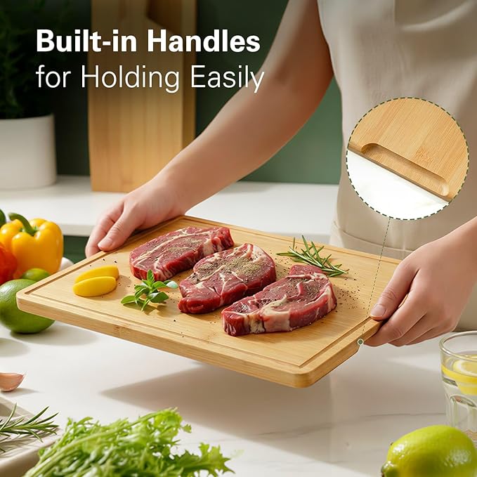 Zarler Bamboo Cutting Boards for Kitchen, 3 Piece Durable Wood Cutting Board with Juice Grooves and Handles, Wooden Chopping Board Set for Meal Prep, XL Size, Ideal Kitchen Gift