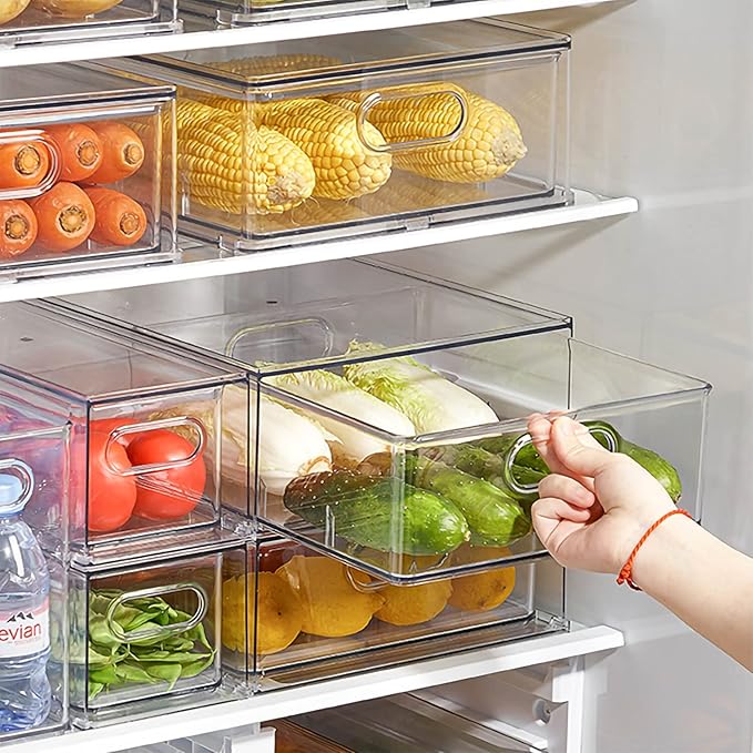 MineSign 7 pack Stackable Refrigerator Organizer Bins Pull-Out Drawers for Fruit and Veggies Storage Organizer for Fridge Clear Drawer Containers with Handle Divided Organization for Produce Saver