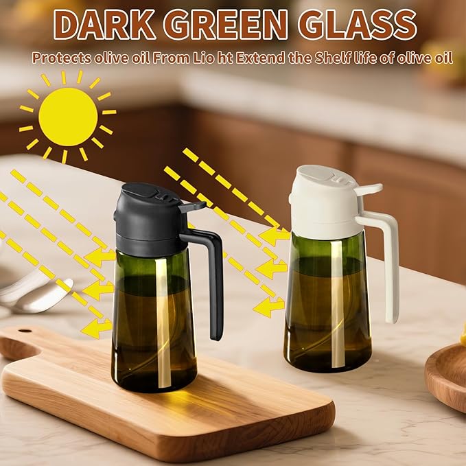 SWEET VIEW 2PCS Olive Oil Dispenser and Oil Sprayer – 16oz/470ml Glass Light-Proof Oil Pourer for Kitchen Air Fryer, Cooking, Salad, and BBQ, with Stickers