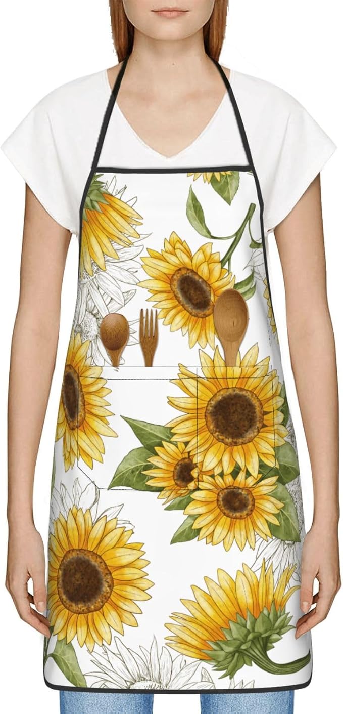 Yellow Sunflower Oven Mitts Sunflowers Pot Holders Yellow Flowers Cooking Apron Set of 5 Silicone Kitchen Glove Apron Non-Slip Heat Resistant for Chef Baking Cooking Grilling BBQ
