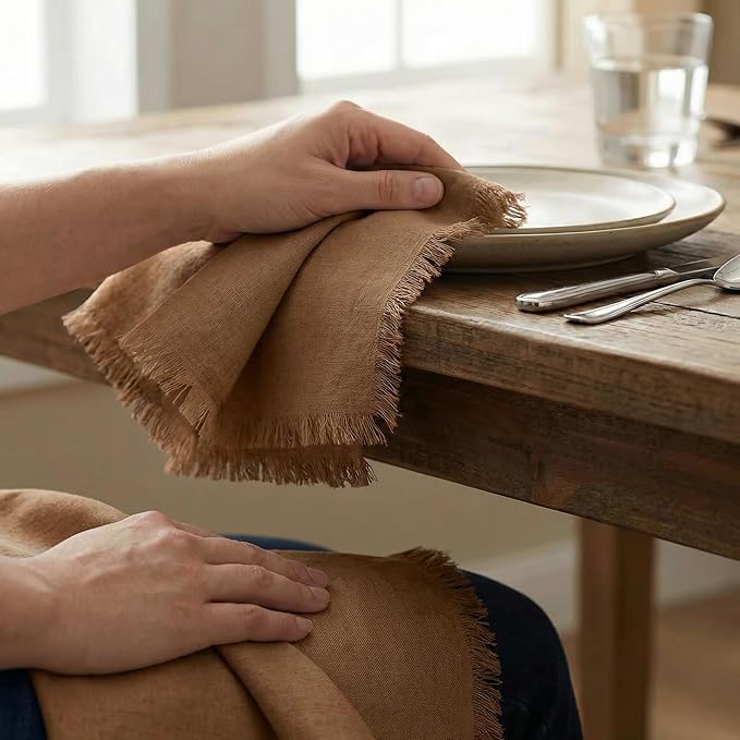 ACCENTHOME Brown Cotton Linen Napkin Set of 6 18x18 inch Dinner Napkins - Washable Soft Premium Hotel Quality Reusable Napkins Perfect Table Napkins for Family Dinners, Weddings & Everyday Use