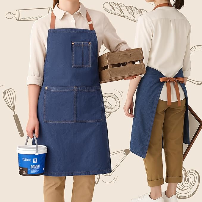2 Pack Denim Apron with Pocket Adjustable Blue Jean Work Apron for Women Men Kitchen Chef Baking Gardening BBQ Cooking Crafting Woodworking