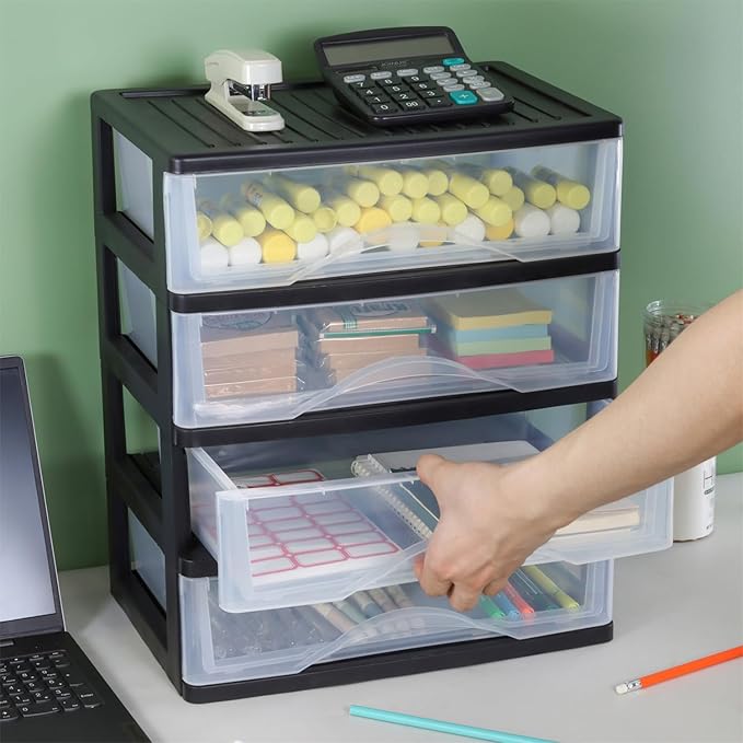 BYCY Medium 4 Drawer Clear Stacking Desktop Organizer for Office Supplies,Stackable Storage Drawers Plastic Storage Bins For Kitchen Cabinets, Pantry, Home Organization (Black, Medium 4Drawer)