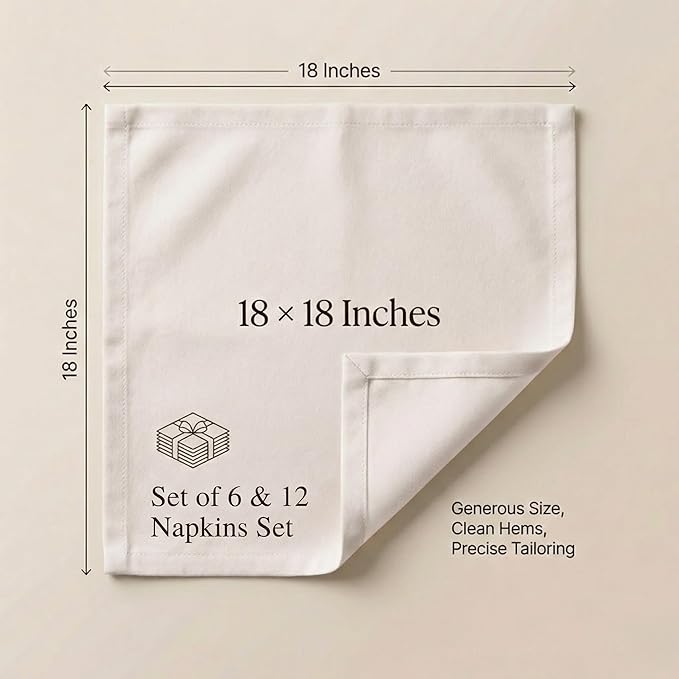 Accent Home 100% Cotton Napkins, Delicate Cloth Napkins for Dinners, Parties and Weddings，18 x 18 Inch Set of 6 - Ivory