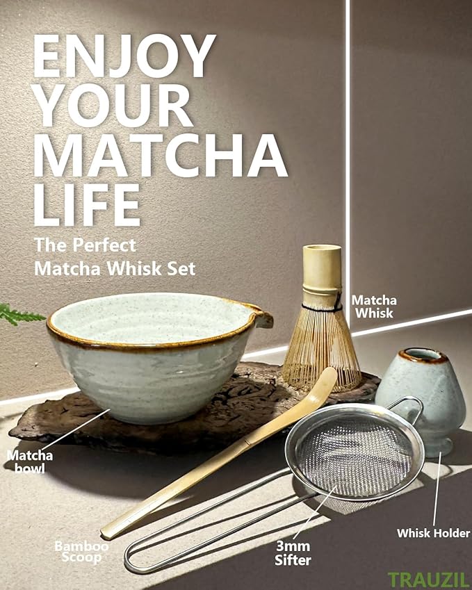 Taruzil Matcha Whisk Set with Matcha Bowl, Matcha Bamboo Whisk, Scoop, Sifter, Matcha Whisk Holder Unique Gifts for Women Mom Her Girl Friend Home Kitchen Decor Gifts for Christmas, Birthday