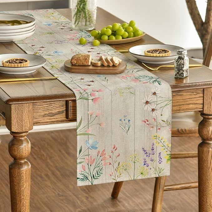 Artoid Mode Wood Flowers Floral Spring Table Runner, Seasonal Summer Kitchen Dining Table Decoration for Home Party Decor 13x72 Inch
