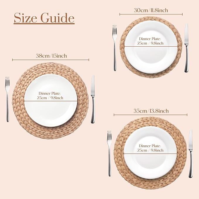 10 Pack, Round Woven Placemats, Natural Water Hyacinth Place mats, Braided Straw Table Mats for Dining Table, Christmas Placemats (13.8 inch)