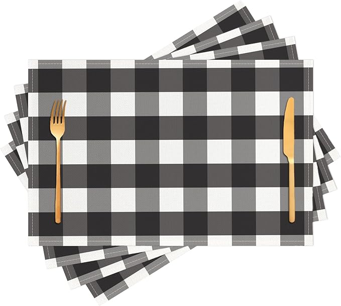 Black and White Placemats Buffalo Plaid Place Mats Farmhouse Rustic Decorative Table Mats Set of 4 - Linen Heat Resistant Washable Placemats for Kitchen Dining Coffee Table 12x18Inch