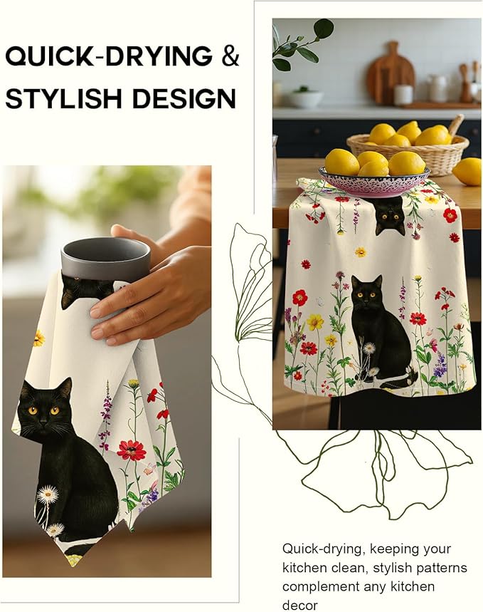 Miss Adola Flour Sack Kitchen Towels Set of 2-18x26 Cotton Dish Towels with Hanging Loop Reusable Tea Towel for Cleaning Spring Absorbent Dishcloths Cute Home Decor Housewarming, Retro Cats Floral