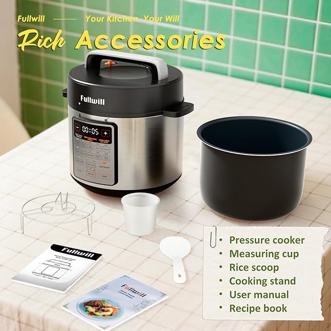 Fullwill 9-in-1 Electric Pressure Cooker, 12 Presets Instant Multi Cooker, Olla de Presion Nonstick Pot 6 Quarts Slow Cooker, Rice Cooker, Steamer, Sauté, Yogurt Maker, Warmer