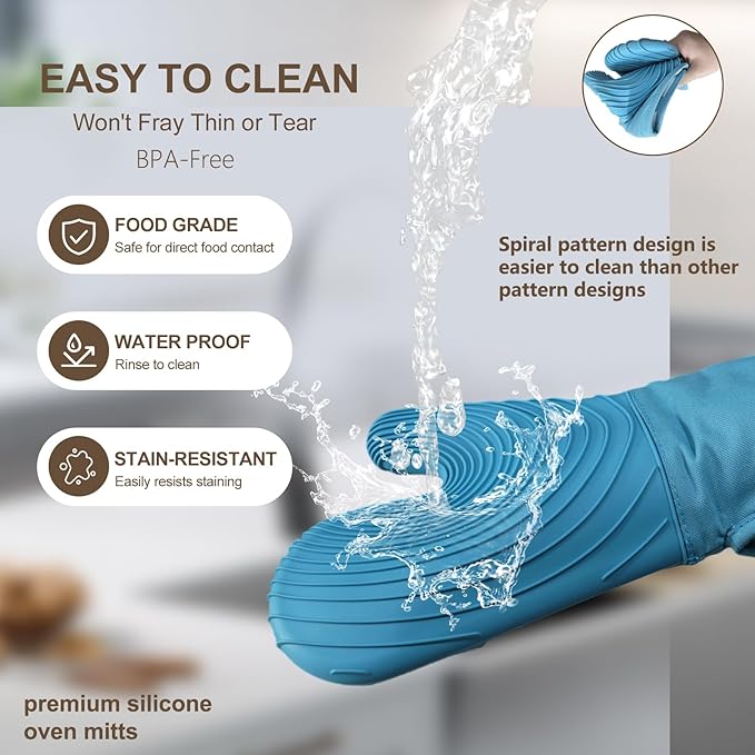 Silicone Oven Mitts-13.6 in Extended Oven Mitts Heat Resistant 500F, Oven Gloves with Soft Liner Good Grippy BPA-Free Easy to Clean Flexible-Oven Mits Set for Cooking Baking Grilling BBQ