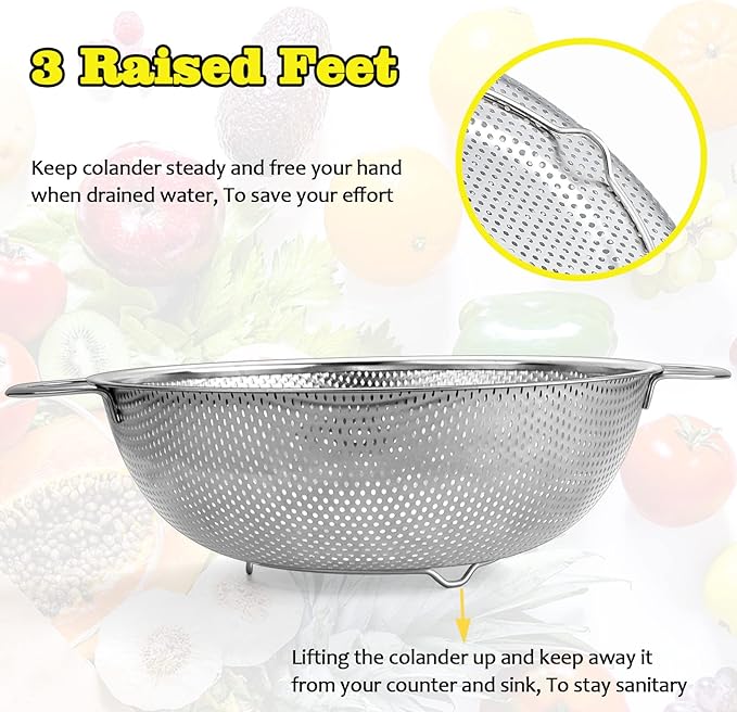 P&P CHEF Stainless Steel Colander, Micro-Perforated Food Strainer with Handle for Washing Draining, Great for Pasta Fruits Vegetables, Dishwasher Safe & Healthy, 1 +3 Qt, 2Pcs