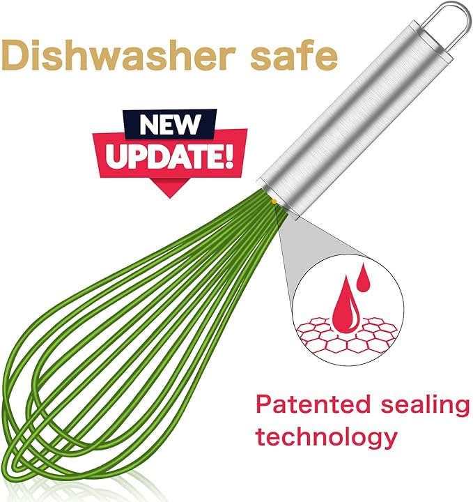 OYV Silicone Whisk,Professional Whisks For Cooking Non Scratch,Stainless Steel & Silicone Wisk,Plastic Rubber Whisk Tool For Nonstick Cookware Pans,Silicon Wisks Set of 3,Green.