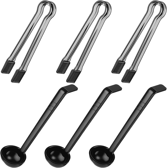 6 Pieces Plastic Serving Utensils Set Including 3 Pcs 1 oz Small Ladle and 3 Pcs Tong Acrylic Long Handle Ladle for Serving Sauce, Soup, Dressing, Punch Bowl, Gravy for Party Banquets Catering(Black)