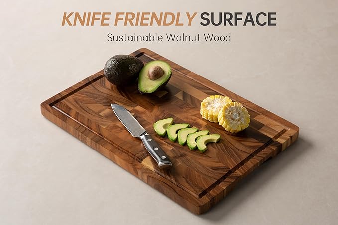 Walnut Wood Cutting Board End Grain Wooden Cutting Boards for Kitchen Chopping Block with Deep Juice Groove, Inners Handles, Gift Box, 16.5"x11.6"x0.8"