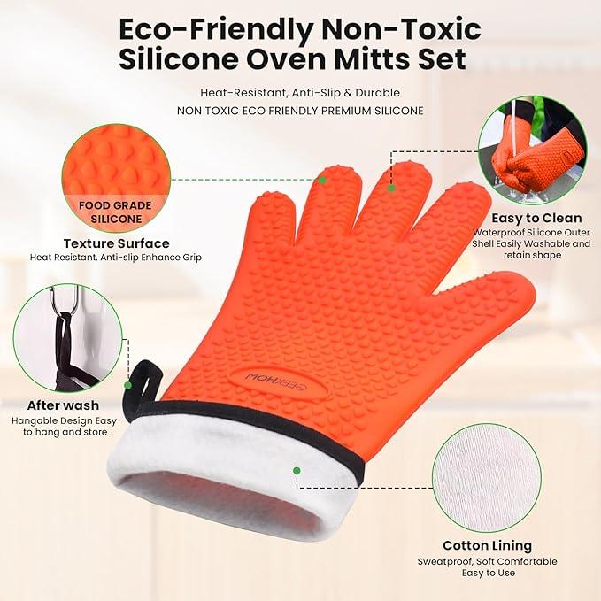 GEEKHOM Silicone Oven Gloves Set 8-Piece: 446°F Heat Resistant with Trivet Mats Pinch Grips Hooks & Kitchen Accessories