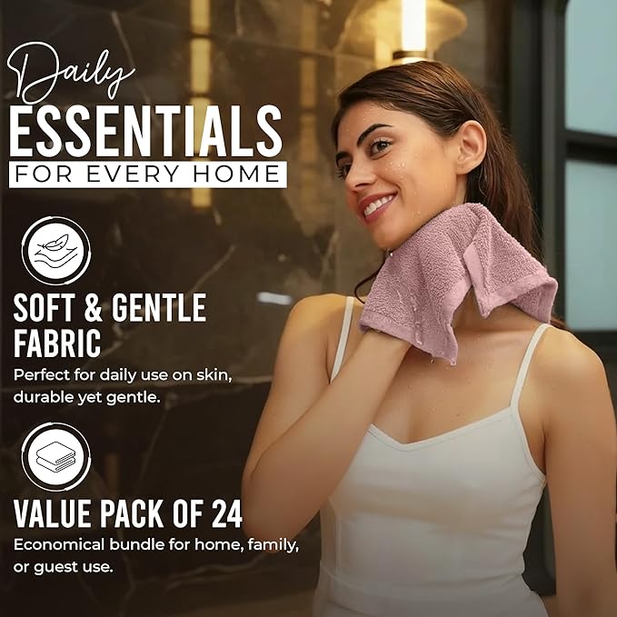 RIVERSIDE Pack of 24 Wash Cloths for Showering, 12 x 12 Inches, Super Soft & Absorbent, 100% Cotton Washcloths Premium Quality Flannel Face Cloths for Bathroom, Gym, Spa (Blush Pink, 24 Pack)