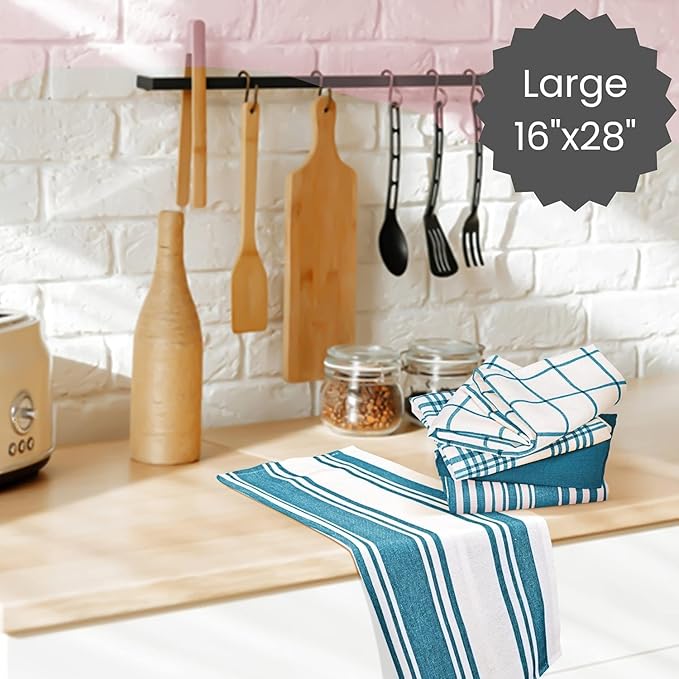 Cotton Clinic Assorted Kitchen Towels 5 Pack – Soft Absorbent Quick Drying Table & Kitchen Linen - Dish Towels, Dish Cloths, Tea Towel and Cleaning Towel with Hanging Loop – 16x28 / Teal Green White