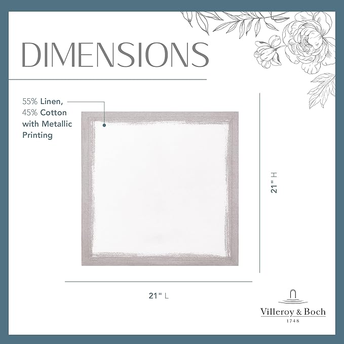 Villeroy & Boch Linen Metallic Brushstroke Napkins, 21 Inches x 21 Inches, Set of 4, White and Silver