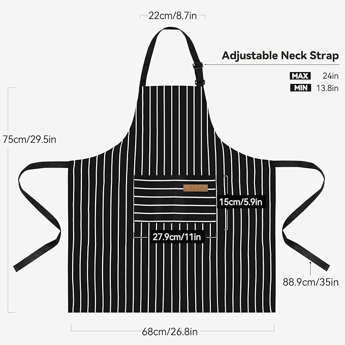 NLUS 2 Pack Cooking Aprons for Women with Pockets Adjustable Kitchen Bib Aprons for Women Men Chef, Black/White Stripe (Classic Black/White Stripes)