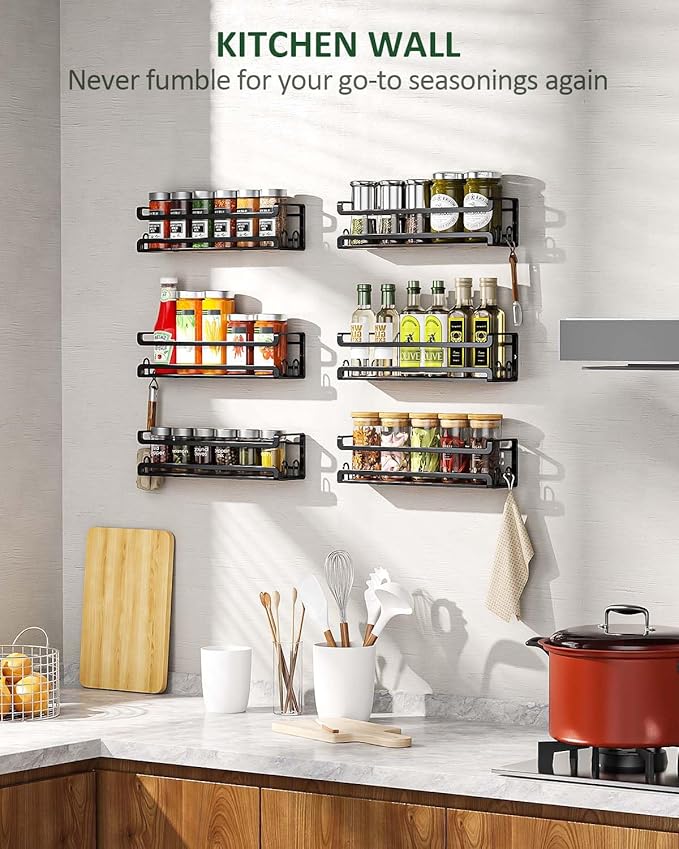 Doakhirmit Wall Mounted Spice Rack with 16 Hooks, Rustic Wood Spice Organizer Shelf for Stove Cabinet Pantry Door,Screw or Adhesive Hanging Spice Shelf,Wall Spice Rack in Kitchen and RV,2 Pack