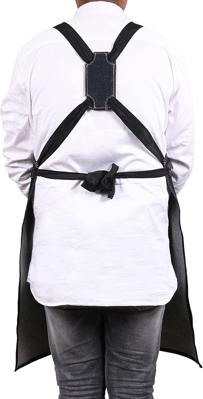 One Size Fits Utility Apron | Adjustable Cross-Back Straps | Multi-Use Shop Apron With Tool Pockets By Aaron Leather Goods (Denim, Cotton)