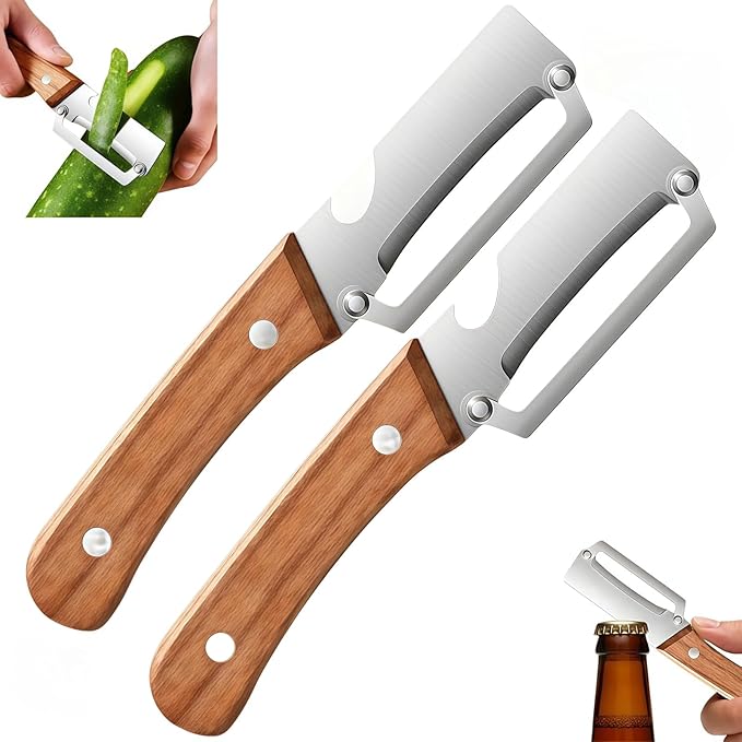Multifunctional Vegetable Peeler for Kitchen 2 Pcs, Wooden Handle Peeler with Bottle Opener, Kitchen Peelers for Fruit Veggie Pumpkin