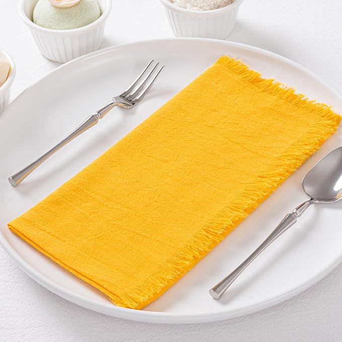 DeZerlor 6 Pack Gold Cotton Linen Napkins with Fringe Thanksgiving Fall Cloth Napkins Set of 6 Boho Handmade Dinner Table Napkins Bulk for Wedding Bridal Baby Shower Christmas Parties, 17 x 17 Inches