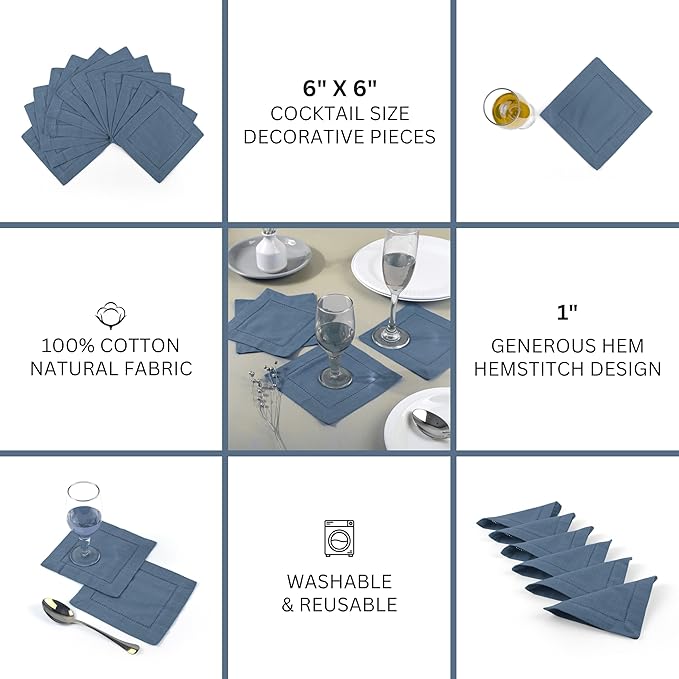 FINGERCRAFT Cocktail Napkins 6 x 6 Inch Premium Quality Cotton, Generous Hemstitch and Mitered Corner Set of 12 Coaster Cloth Stellar