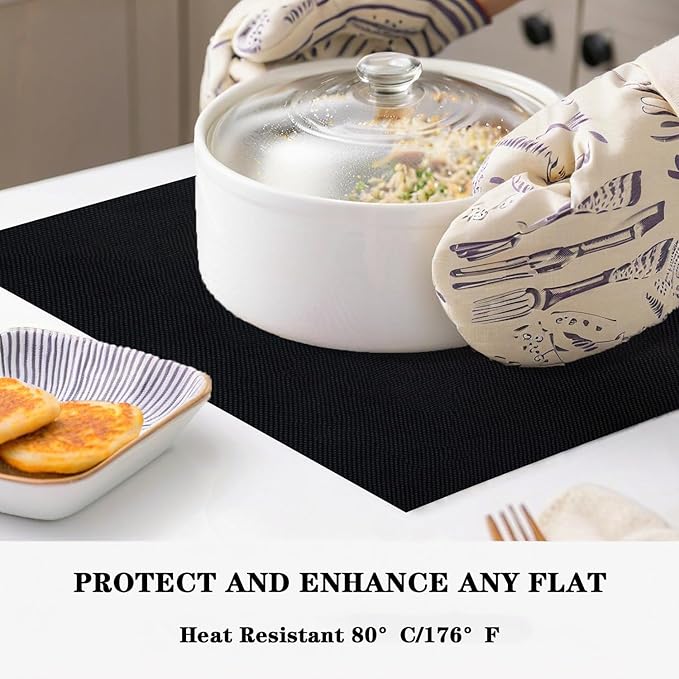 Black Placemats Set of 2 - Heat Resistant Non-Slip Place mats for Dining Table, Washable Durable PVC Vinyl Woven Table Mats (Black, 2)