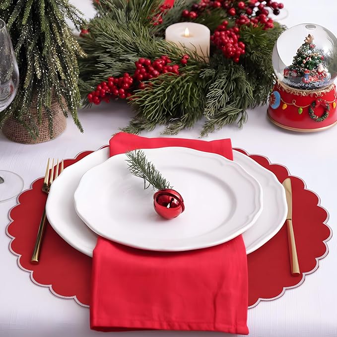 Set of 6 Round Placemats 15 Inch Cotton Scalloped Embroidery Placemat Washable Double Layered Rustic Dinner Table Mat Decor Fabric for Hotel Restaurant Kitchen(Red/White,Classic)