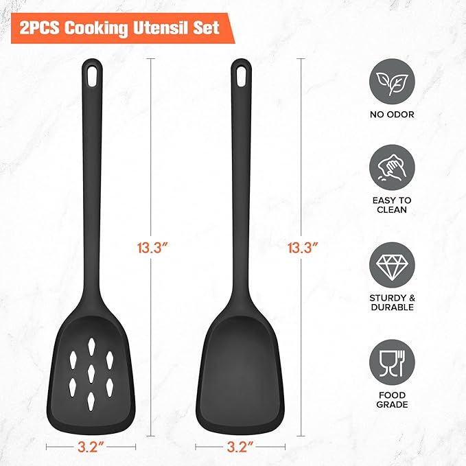 Silicone Cooking Spatula&Slotted Spatulas, Pack of 2,Solid Turner Kitchen Utensils Set for Cooking,Frying, Baking, Flipping, Turning,Heat Resistant 450℉ (BLACK)